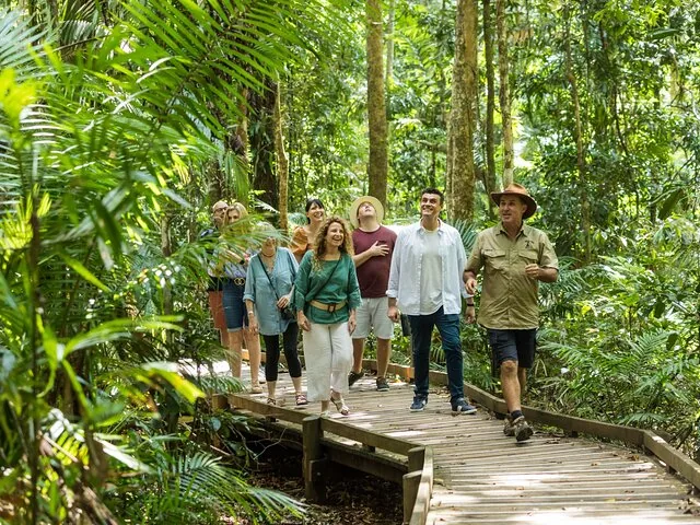 Ein Tourguide führt eine Gruppe Menschen über einen Holzsteg durch einen Regenwald.