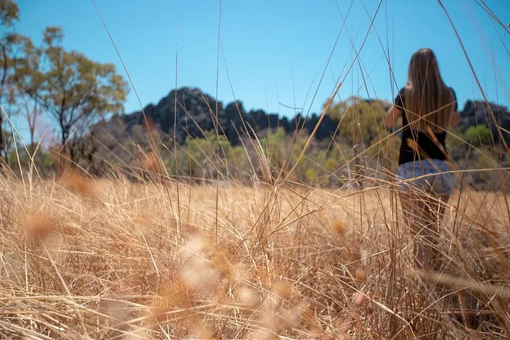 A woman stands in tall, dry grass looking out towards a rocky landscape.